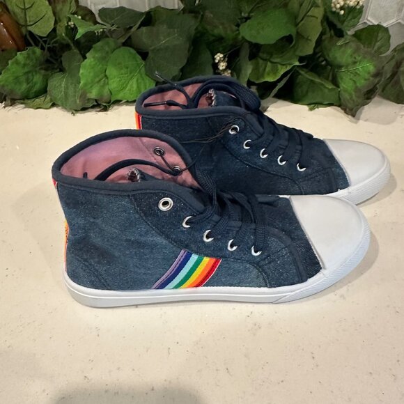Bobbie Brooks Girls Denim High-Top Sneakers With Rainbow Stripe Accent & Pink Li - Picture 1 of 7